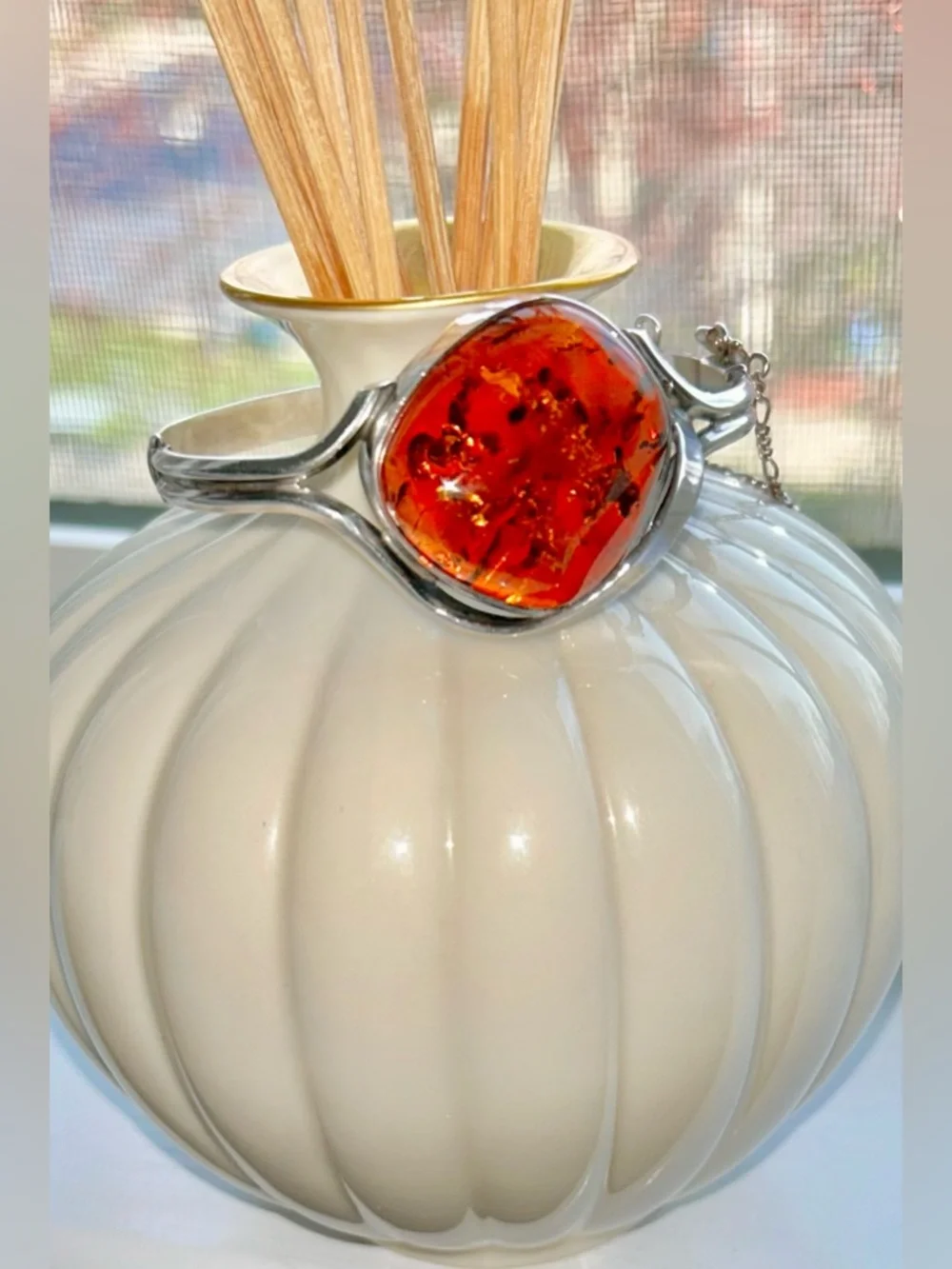 Oversized Baltic Amber & Sterling Silver Modernist Cuff Bracelet (Vtg) - Picture 13 of 15